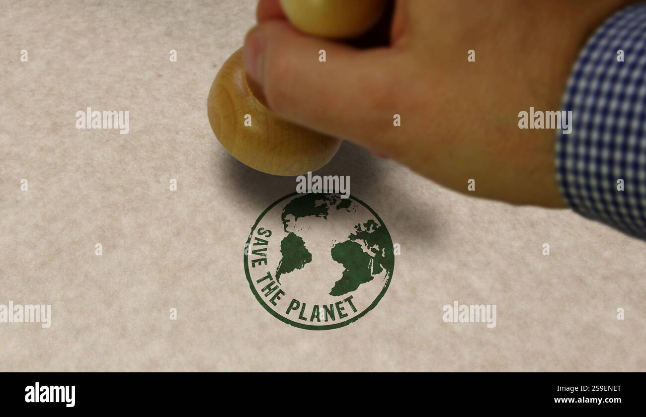 Salvare il timbro planetario e la mano di stampaggio. Concetto mondiale di protezione dell'ambiente. Foto Stock