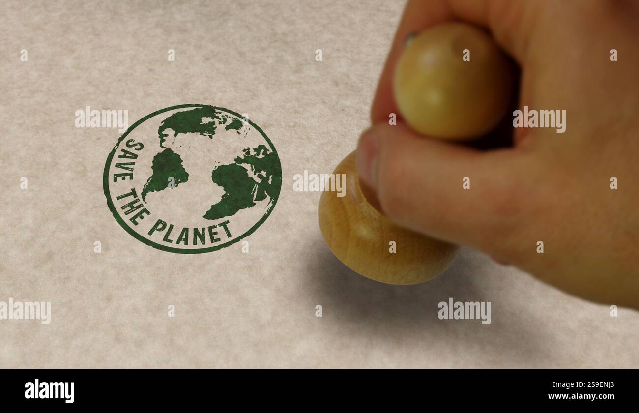 Salvare il timbro planetario e la mano di stampaggio. Concetto mondiale di protezione dell'ambiente. Foto Stock