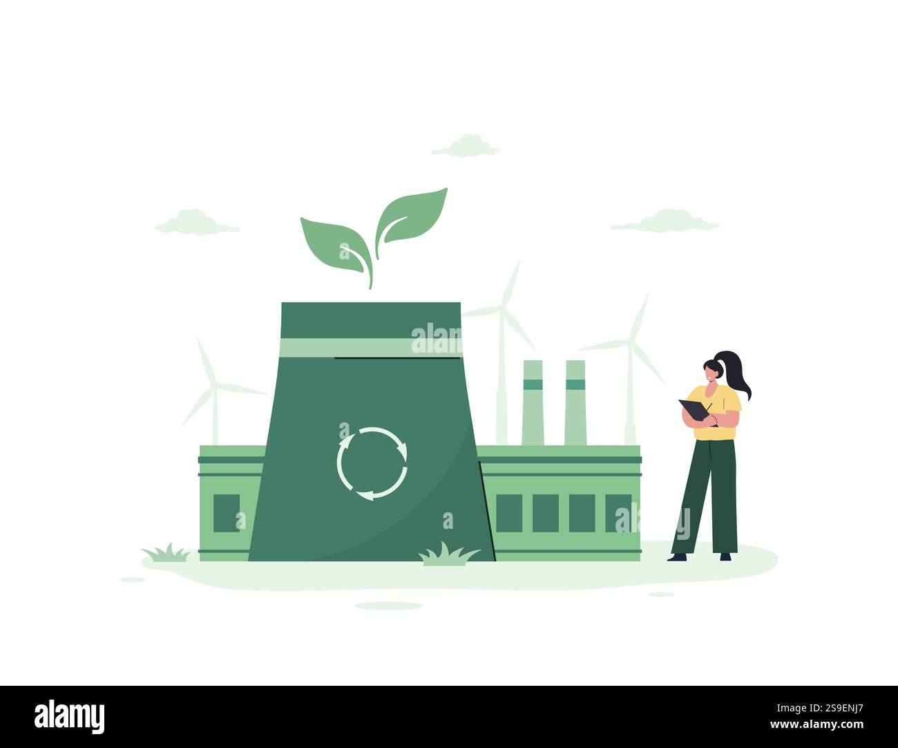 CO2 neutra. Fabbrica industriale verde con energia rinnovabile. Concetto di responsabilità ambientale e basse emissioni di carbonio. Zero netto. Illustrazione vettoriale in Illustrazione Vettoriale
