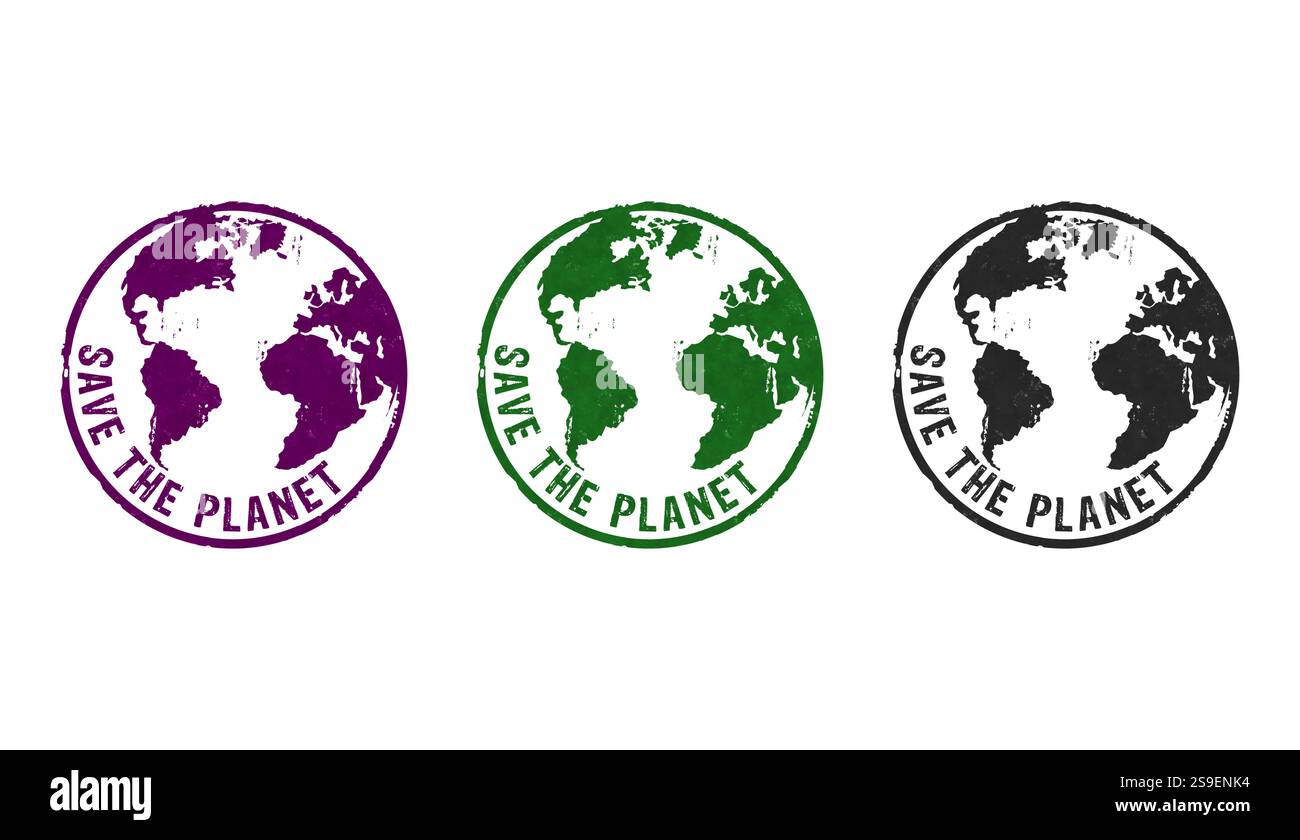 Salvare le icone del timbro planetario in poche versioni a colori. Illustrazione di rendering 3D con concetto di protezione dell'ambiente mondiale. Foto Stock