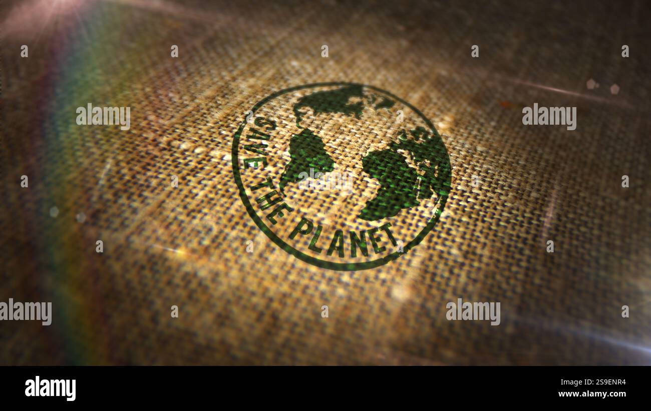 Salvare il timbro planetario stampato sul sacco di lino. Concetto mondiale di protezione dell'ambiente. Foto Stock