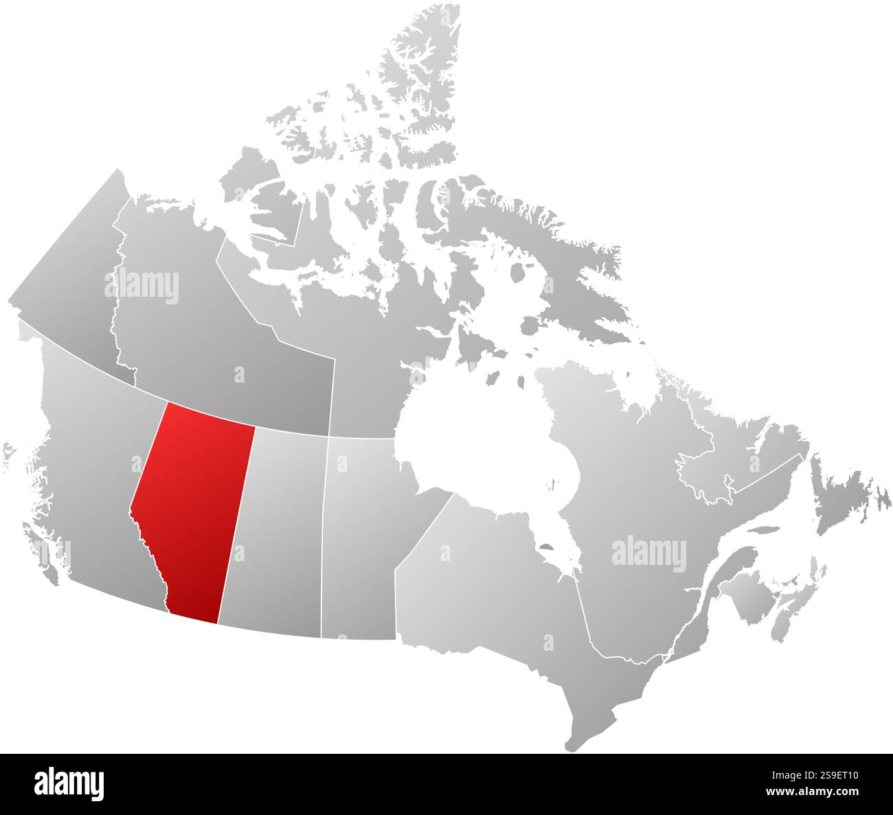 Mappa del Canada con le province, riempite con un gradiente lineare, Alberta è evidenziata. Illustrazione Vettoriale