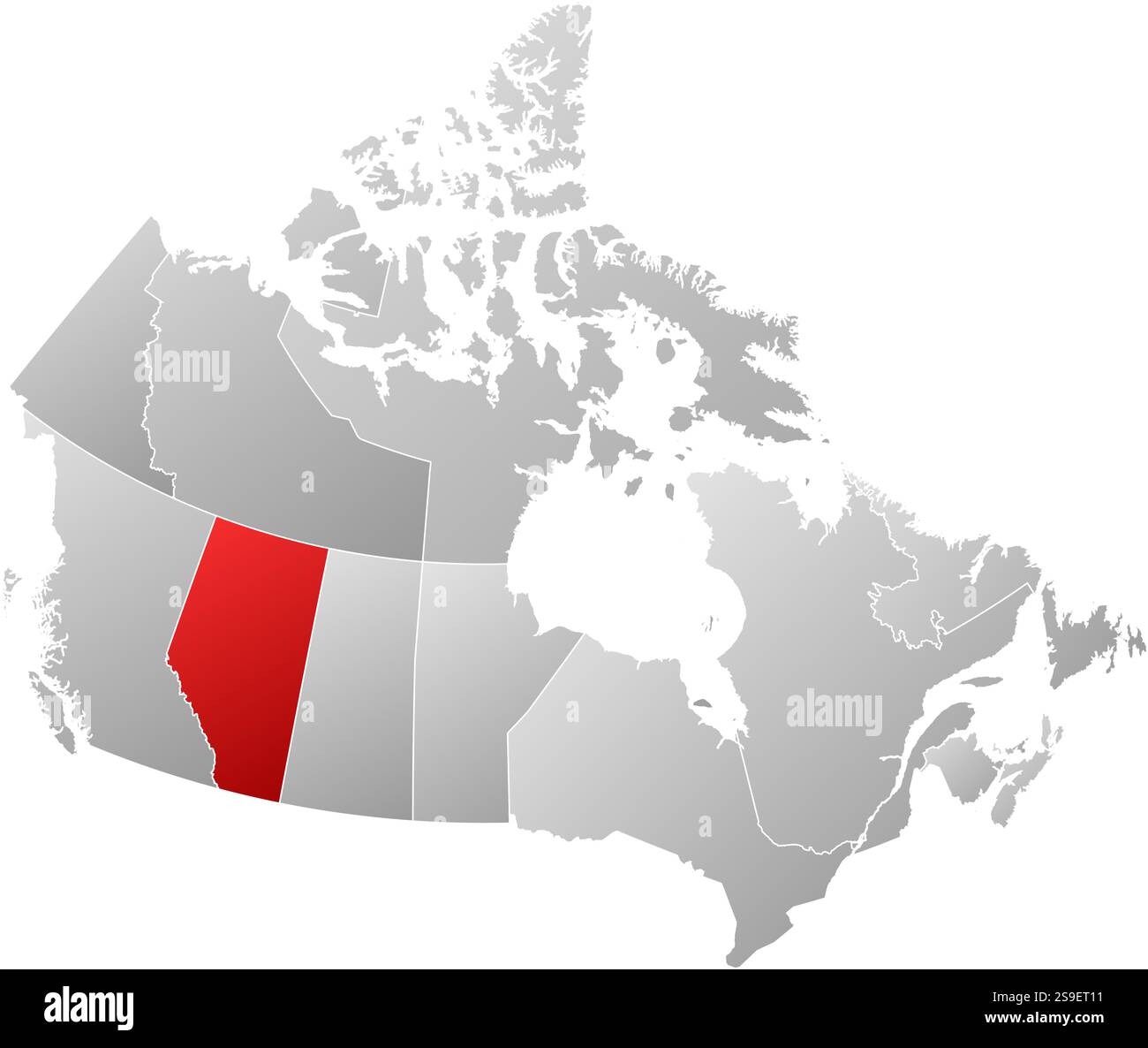 Mappa del Canada con le province, riempite con un gradiente lineare, Alberta è evidenziata. Illustrazione Vettoriale