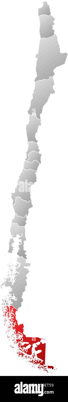 Mappa del Cile con le province, riempite con un gradiente lineare, è evidenziata l'Antartide di Magellano e cilena. Illustrazione Vettoriale