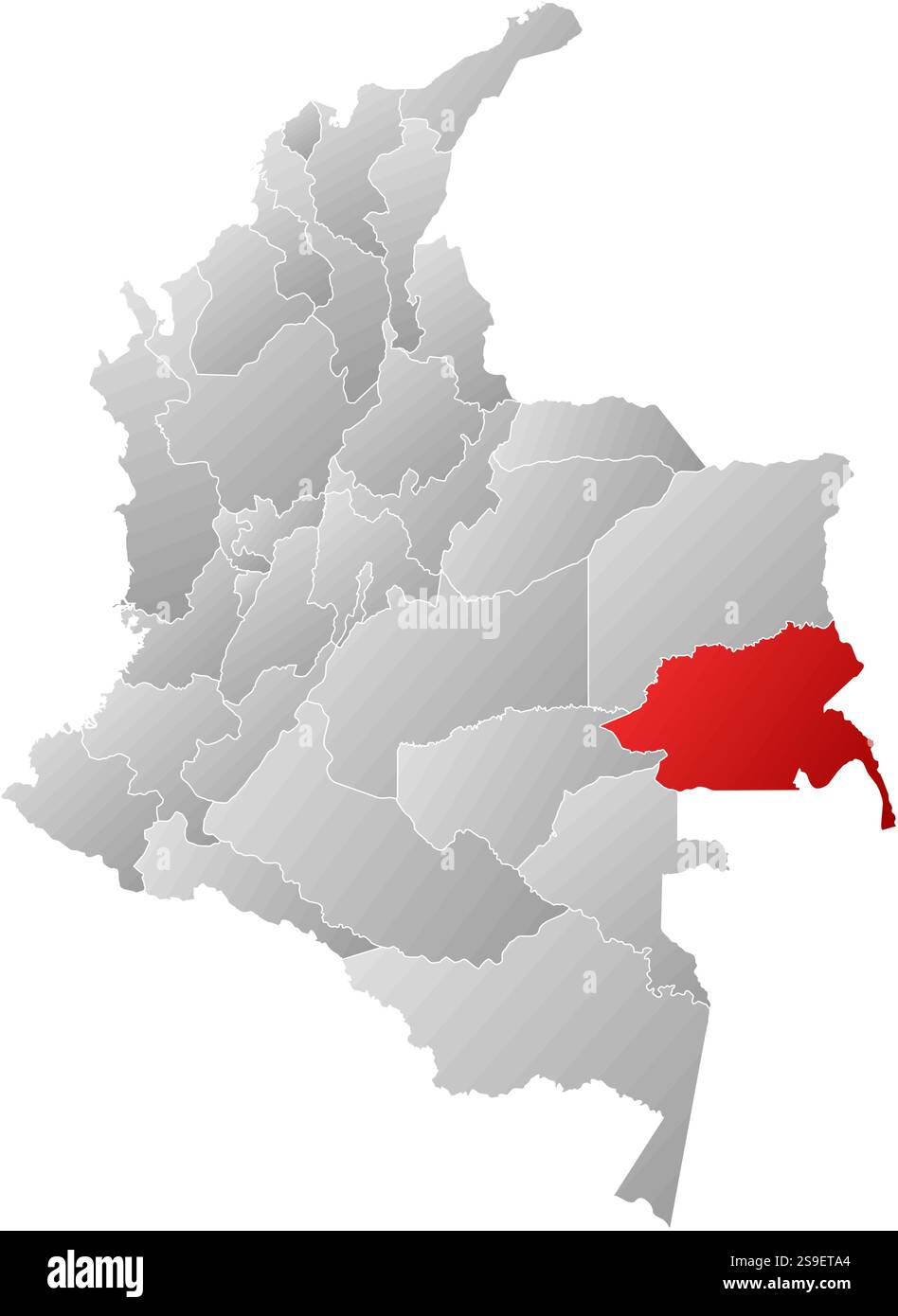 Mappa della Colombia con le province, riempite con un gradiente lineare, Guainia è evidenziata. Illustrazione Vettoriale
