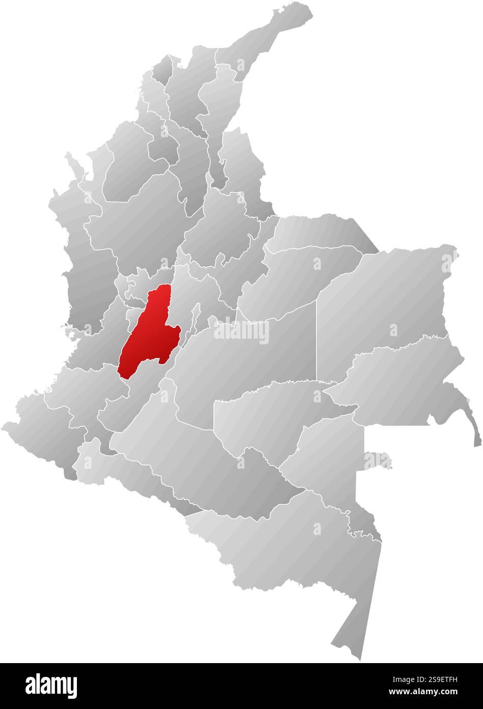 Mappa della Colombia con le province, riempite con un gradiente lineare, Tolima è evidenziata. Illustrazione Vettoriale
