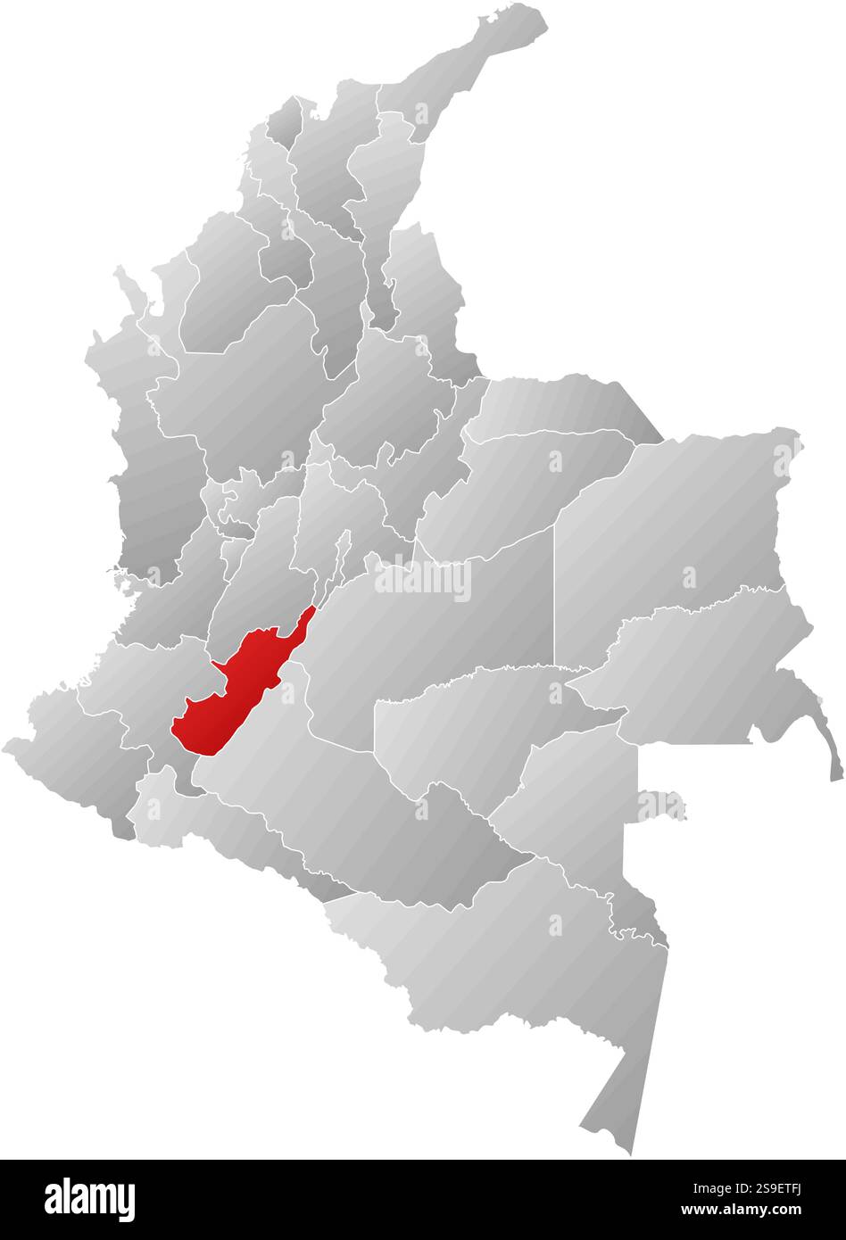 Mappa della Colombia con le province, riempite con un gradiente lineare, Huila è evidenziata. Illustrazione Vettoriale