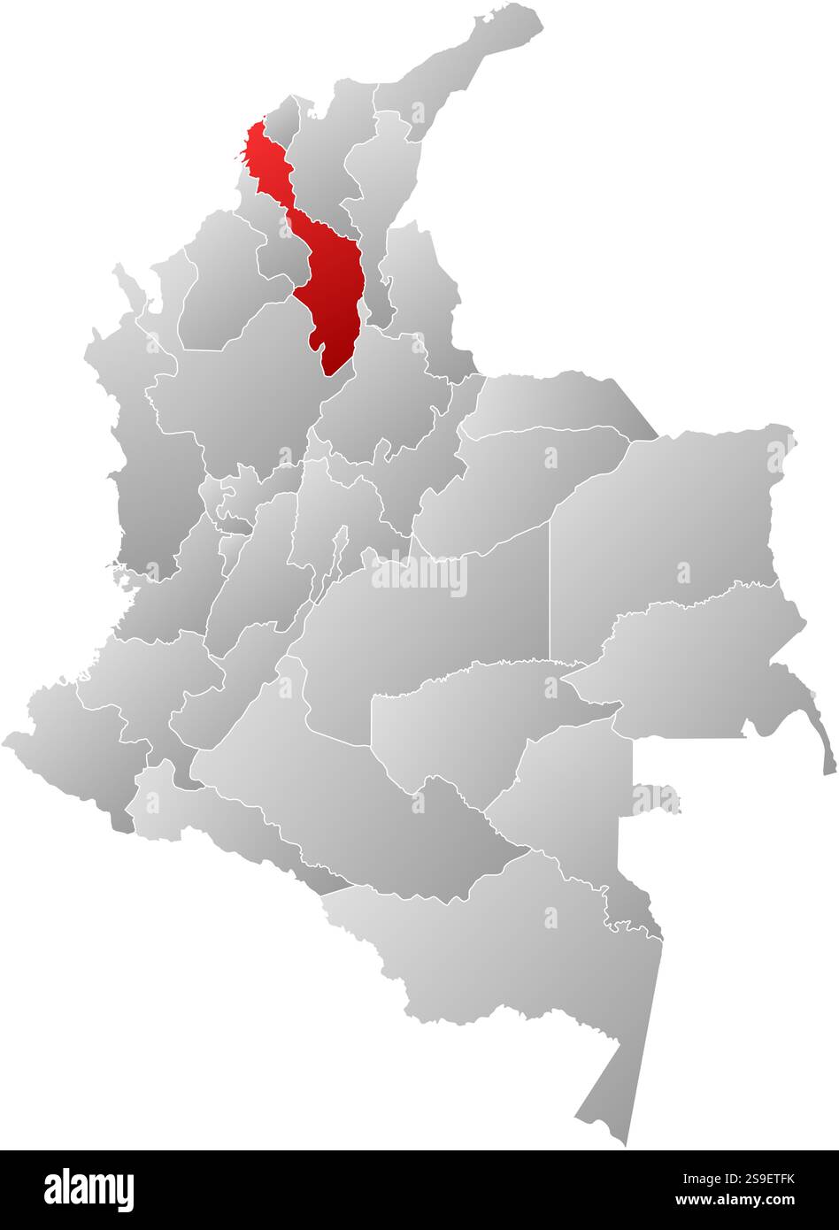 Mappa della Colombia con le province, riempite con un gradiente lineare, Bolivar è evidenziato. Illustrazione Vettoriale
