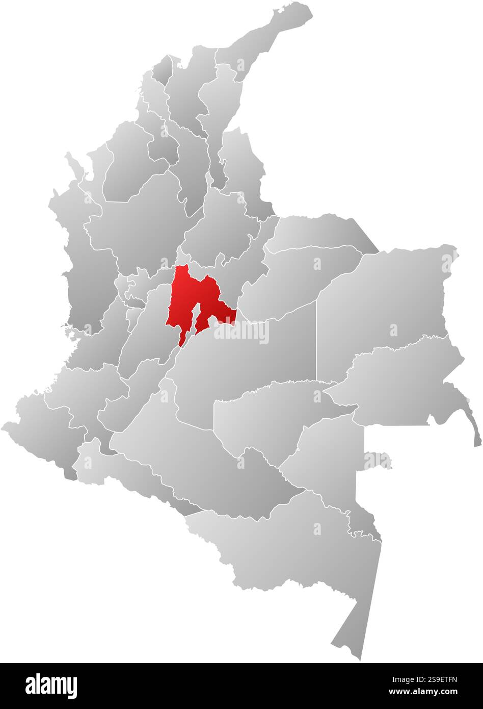 Mappa della Colombia con le province, riempite di gradiente lineare, Cundinamarca è evidenziata. Illustrazione Vettoriale
