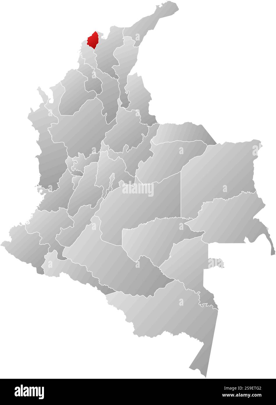 Mappa della Colombia con le province, riempite con un gradiente lineare, Atlantico è evidenziata. Illustrazione Vettoriale