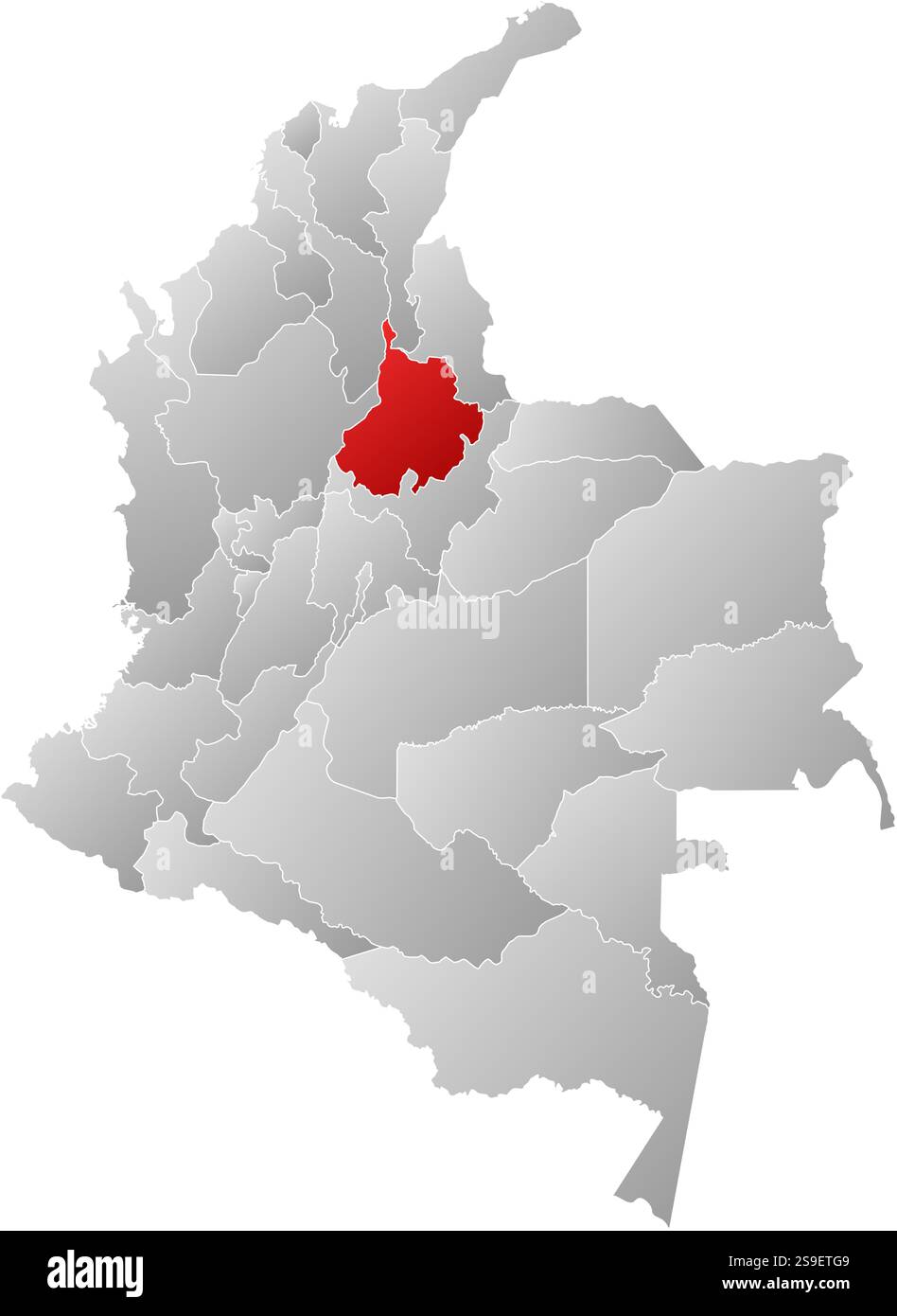 Mappa della Colombia con le province, riempite con un gradiente lineare, Santander è evidenziata. Illustrazione Vettoriale