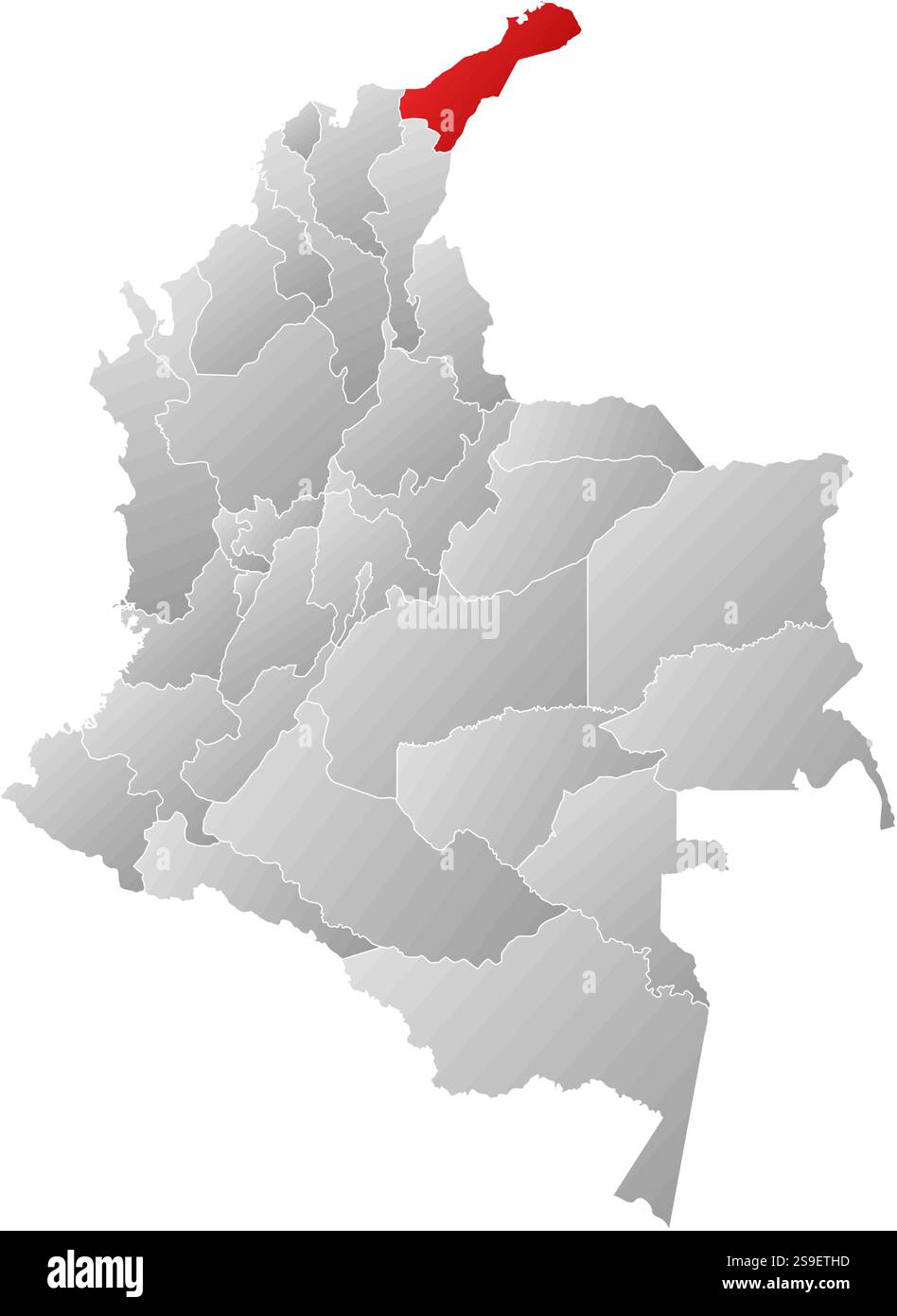 Mappa della Colombia con le province, riempite di gradiente lineare, la Guajira è evidenziata. Illustrazione Vettoriale