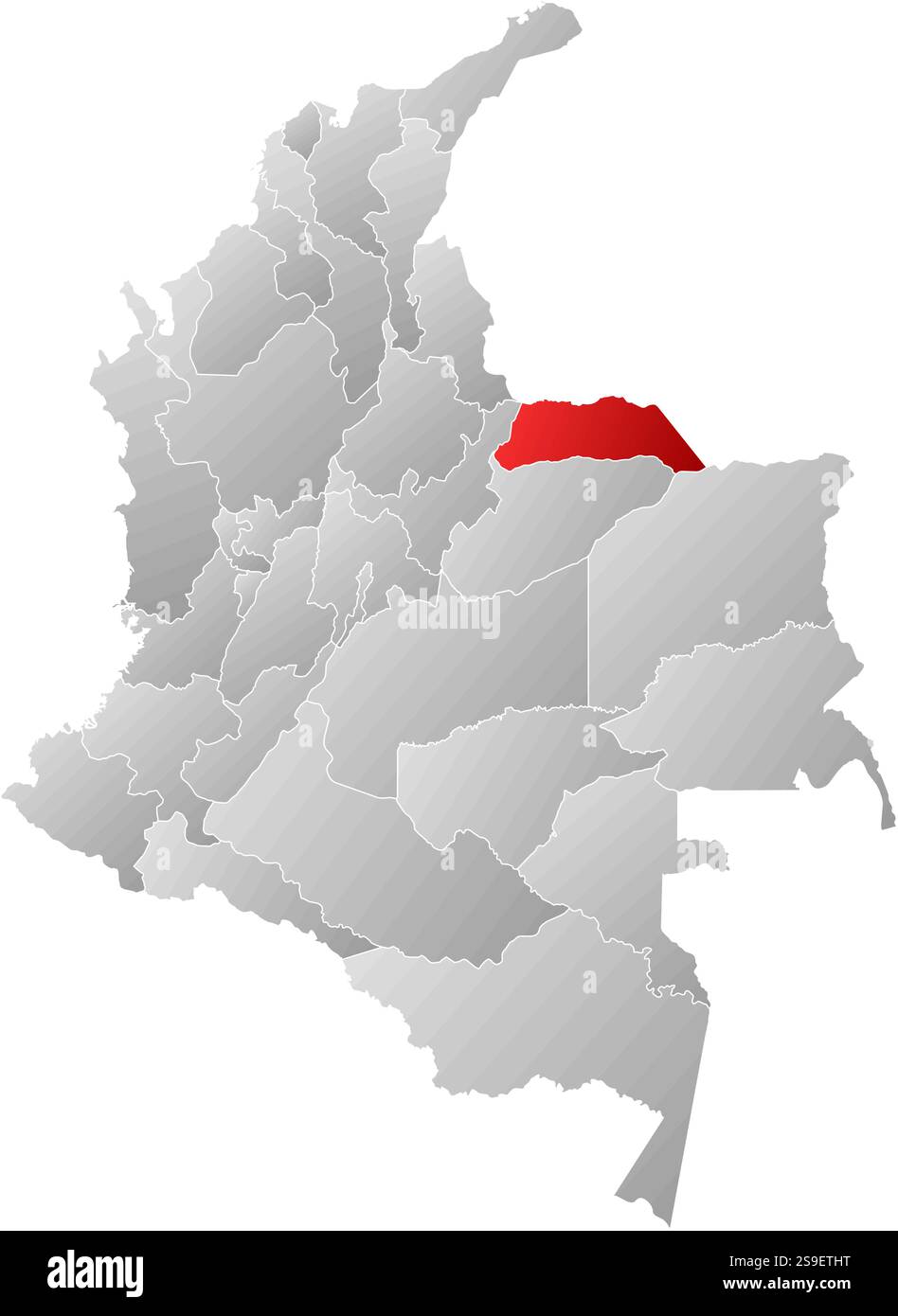 Mappa della Colombia con le province, riempite con un gradiente lineare, Arauca è evidenziata. Illustrazione Vettoriale