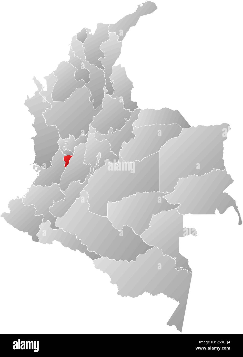 Mappa della Colombia con le province, riempite di gradiente lineare, Quindio è evidenziato. Illustrazione Vettoriale