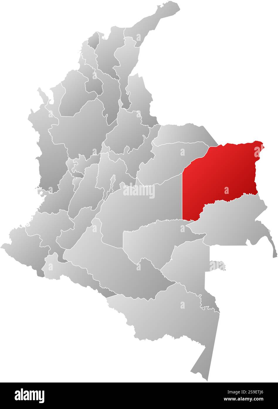 Mappa della Colombia con le province, riempite con un gradiente lineare, Vichada è evidenziata. Illustrazione Vettoriale