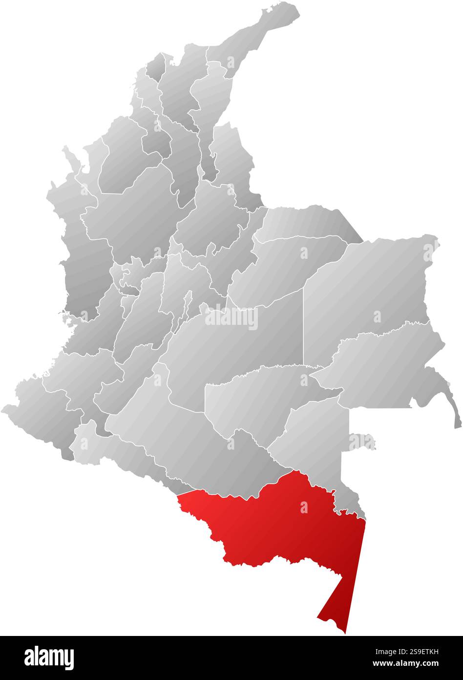 Mappa della Colombia con le province, riempite con un gradiente lineare, Amazonas è evidenziata. Illustrazione Vettoriale