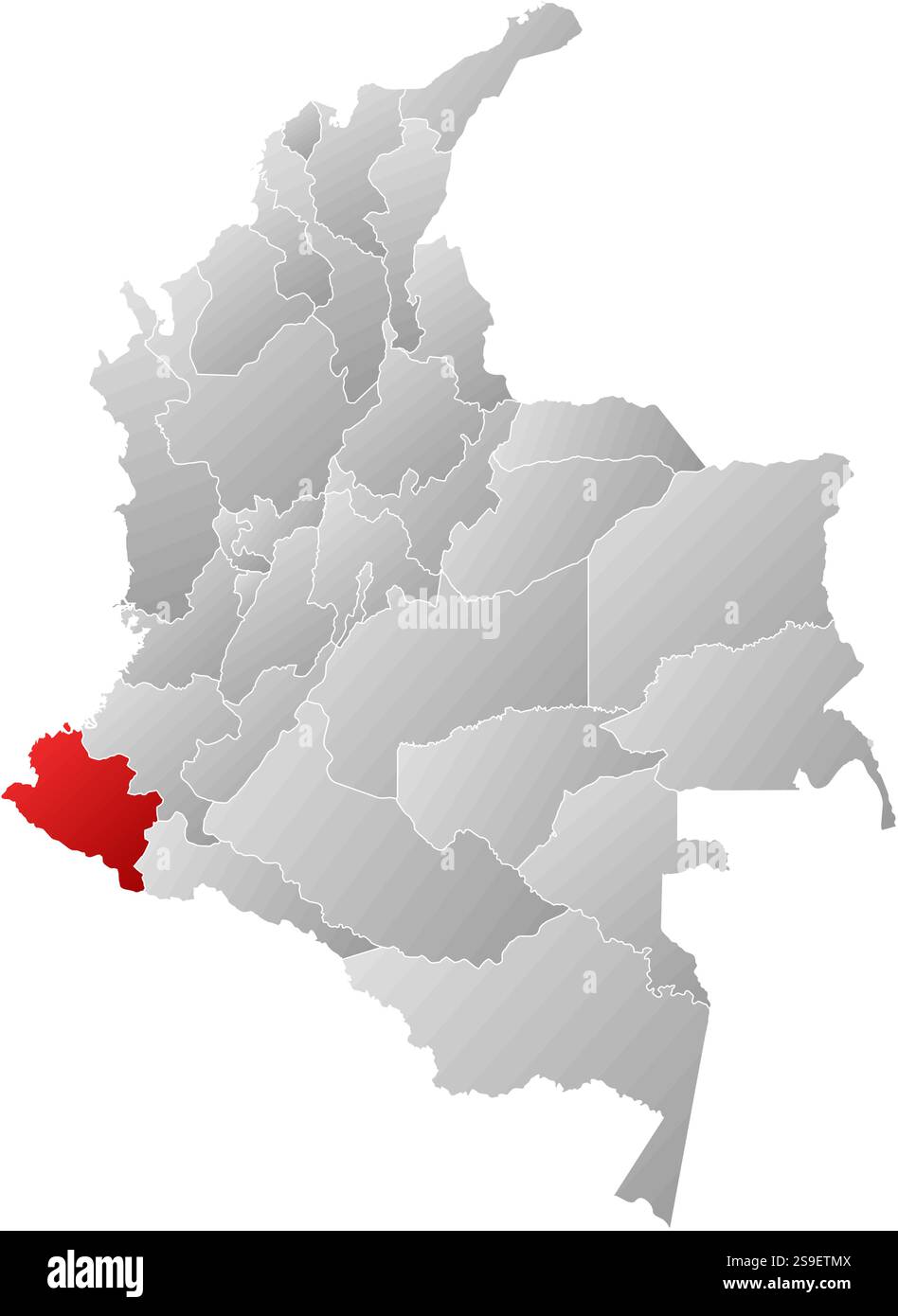 Mappa della Colombia con le province, riempite di gradiente lineare, Narino è evidenziato. Illustrazione Vettoriale