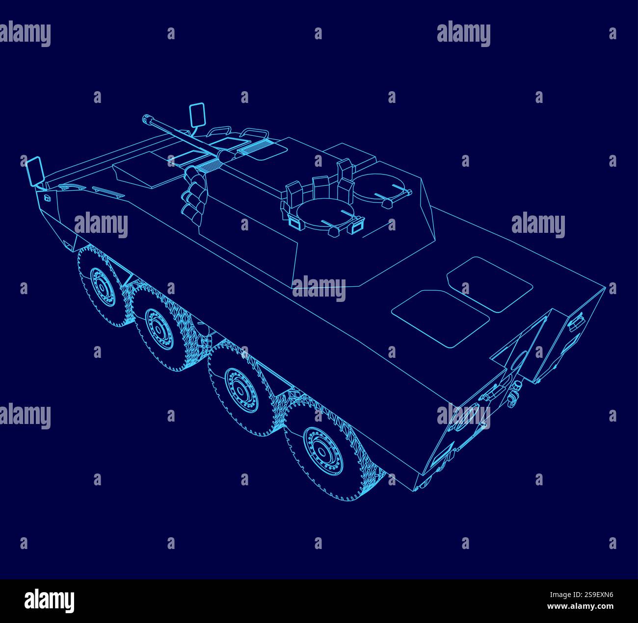 Disegno blu di un veicolo militare con una pistola sopra. Il veicolo è un serbatoio ed è mostrato in uno schema di colore blu Illustrazione Vettoriale