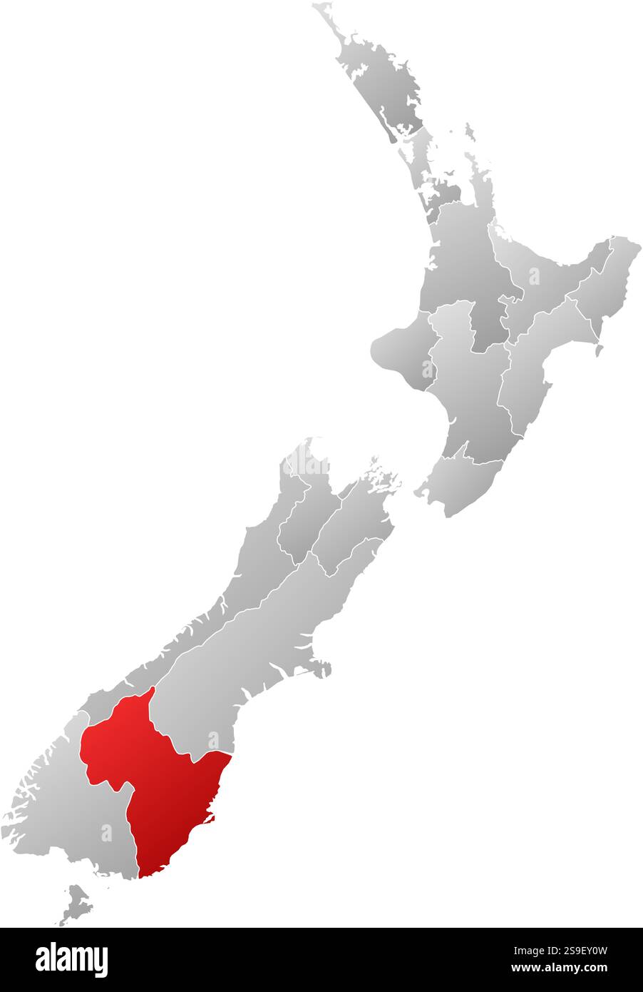 Mappa della nuova Zelanda con le province, riempite con un gradiente lineare, Otago è evidenziato. Illustrazione Vettoriale