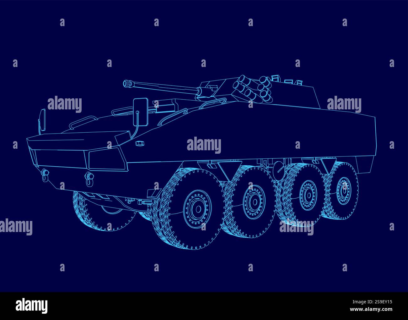 Disegno blu di un veicolo militare con un carro armato in cima. Il veicolo è un grande camion con quattro ruote e un serbatoio sulla parte superiore. La scena è seria e militare Illustrazione Vettoriale