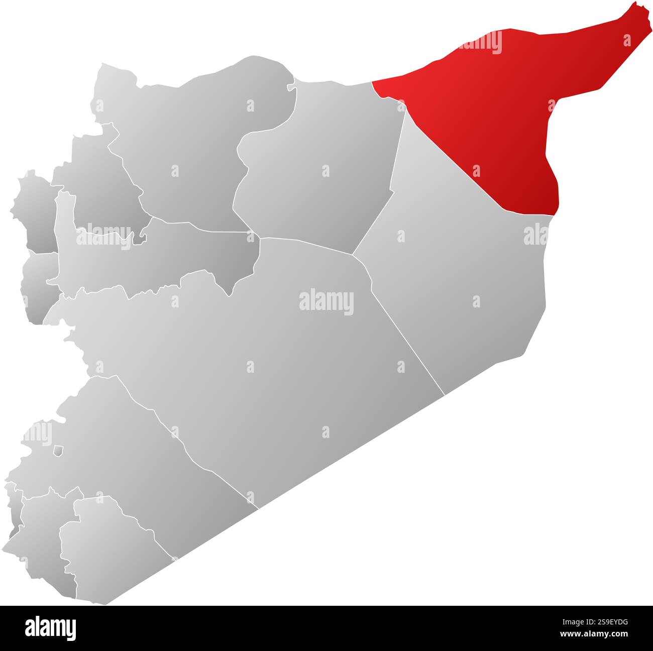 Mappa della Siria con le province, riempite con un gradiente lineare, al-Hasakah è evidenziata. Illustrazione Vettoriale