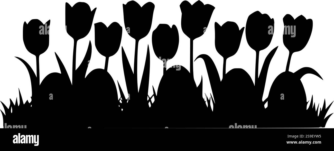 Silhouette di tulipani e uova di Pasqua perfetta per l'artigianato primaverile, l'arredamento delle feste e i progetti di sublimazione Illustrazione Vettoriale