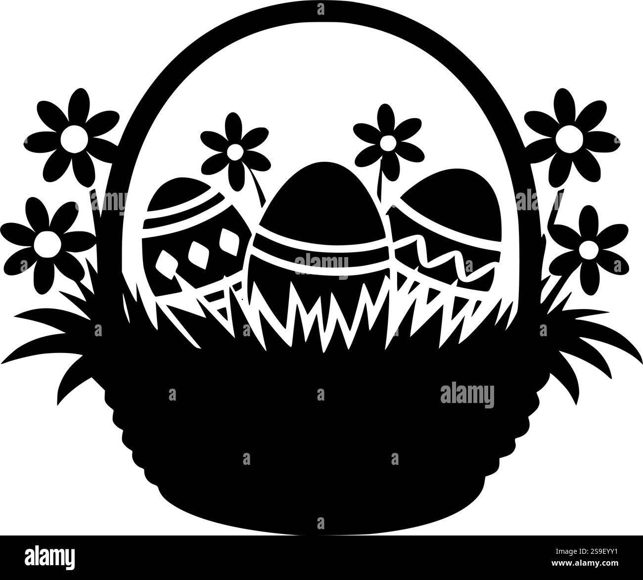 Splendido cestino pasquale con uova e fiori, perfetto per realizzare, sublimare e realizzare progetti fai da te durante le feste! Illustrazione Vettoriale