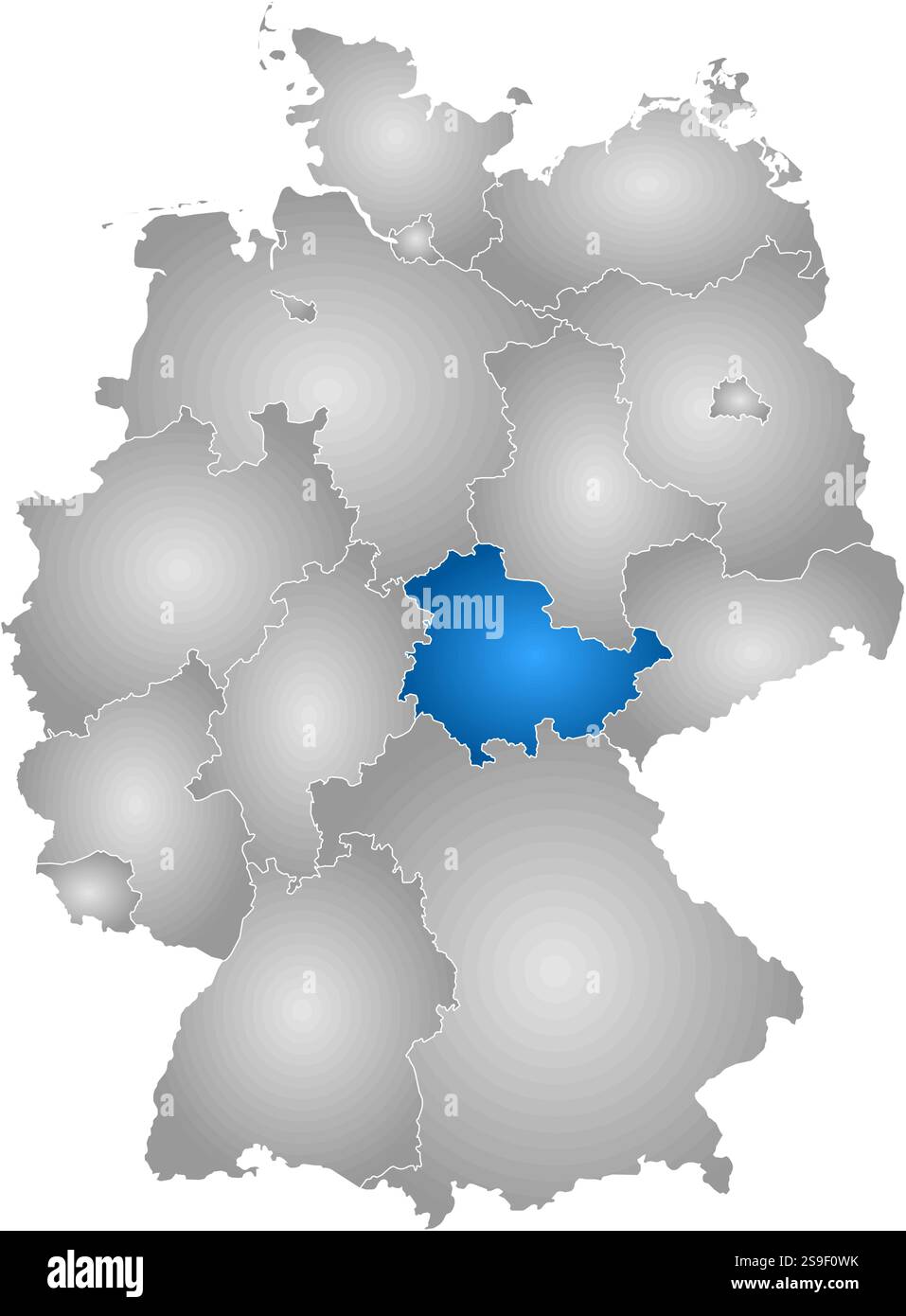 Mappa della Germania con le province, riempite di gradiente radiale, la Turingia è evidenziata. Illustrazione Vettoriale