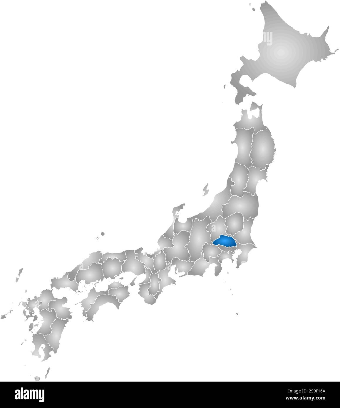 Mappa del Giappone con le province, riempite di gradiente radiale, Saitama è evidenziata. Illustrazione Vettoriale