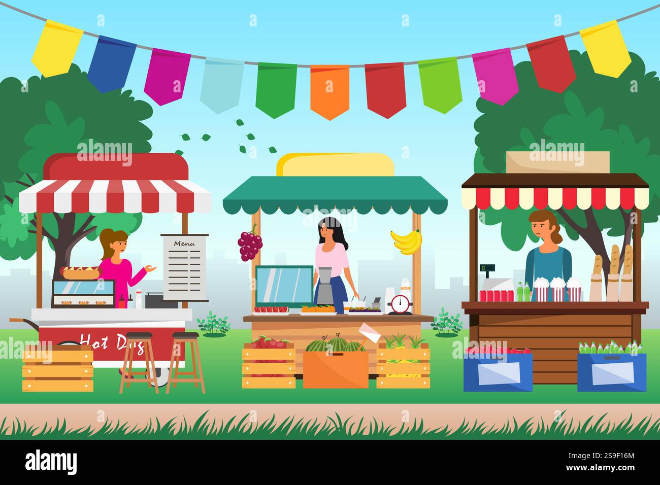 Bancarelle all'aperto. Mercato locale o fiera di strada. Illustrazione vettoriale. Illustrazione Vettoriale