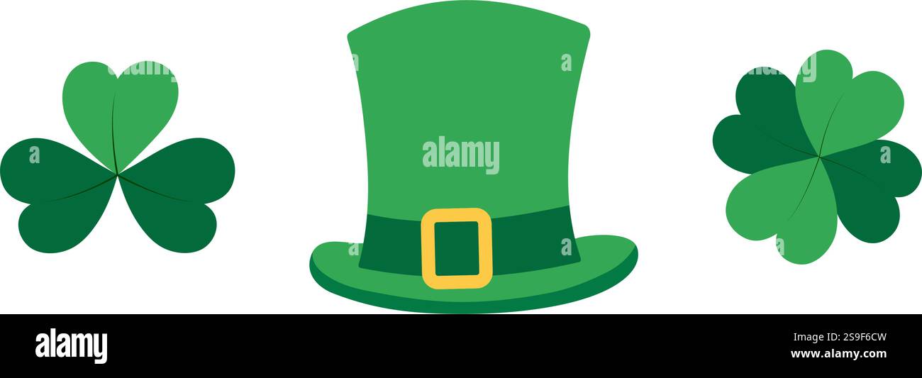 Leprechaun Hat, Shamrock e Quatrefoil. Il saluto del giorno di San Patrizio elemento di design concetto minimalismo. Illustrazione vettoriale isolata biglietti d'auguri o tematici, banner promozionali per etichette o Web, opuscoli, prezzo Illustrazione Vettoriale
