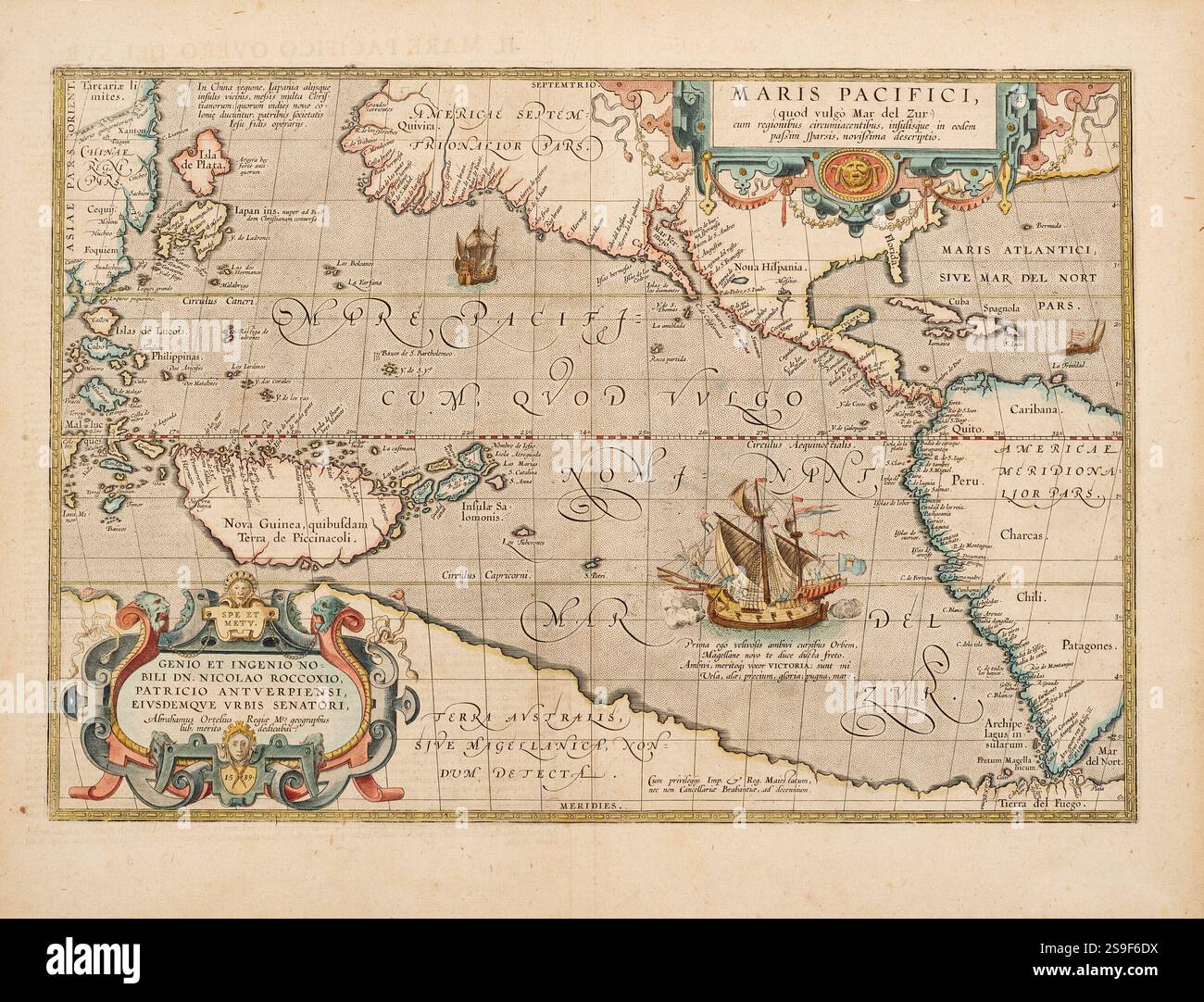 Mappa vintage dell'Oceano Pacifico, di Abraham ORTELIUS, 1589 Foto Stock