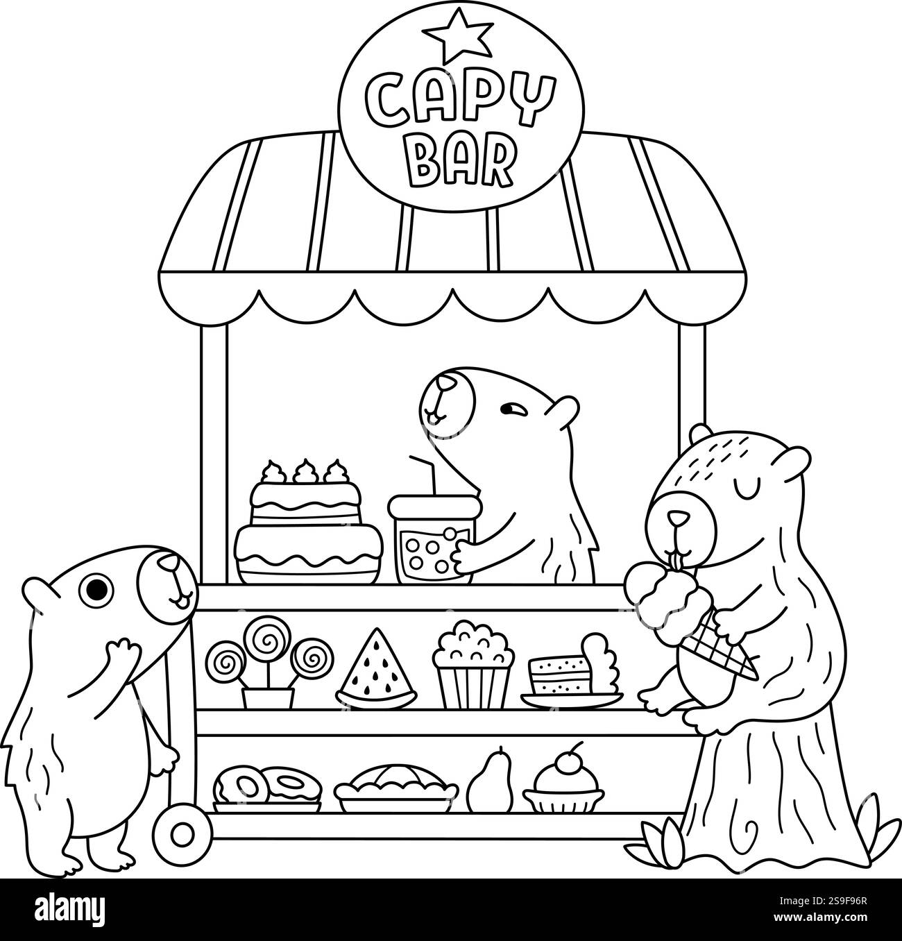 Capybaras vettoriali in bianco e nero seduti in un carrello con ruote. Negozio di caramelle con l'icona della capibaras. Illustrazione dei cartoni animati. PA Illustrazione Vettoriale