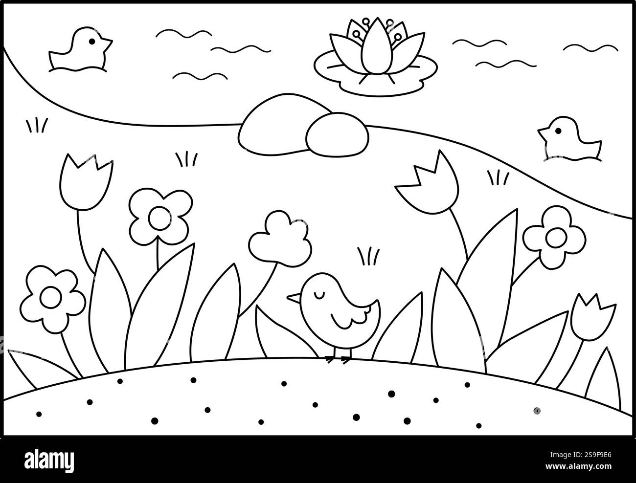 Illustrazione vettoriale in bianco e nero con prato floreale e fiume o lago con ninfee. Bella linea orizzontale paesaggio naturale. Scena divertente, Illustrazione Vettoriale