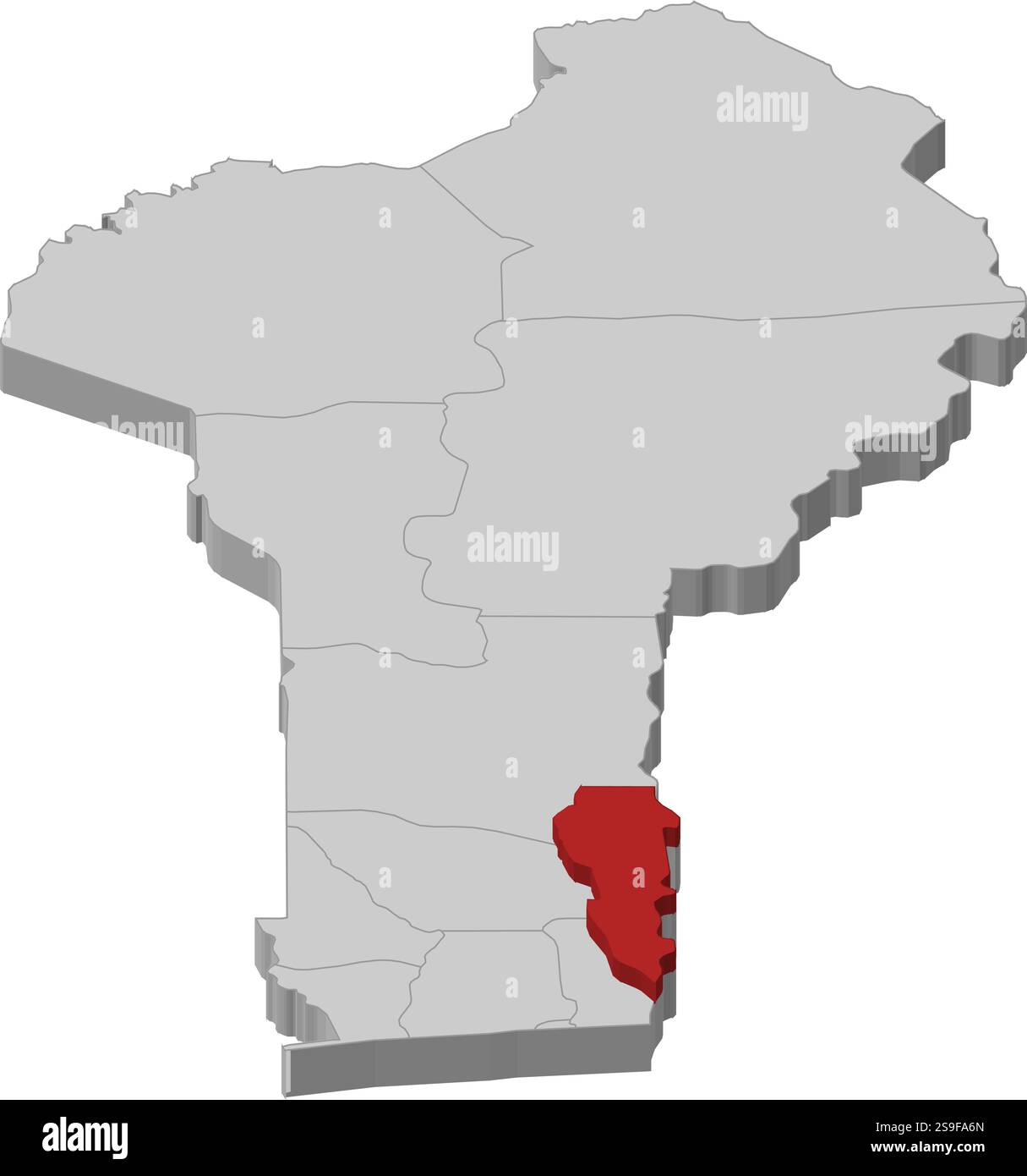 Mappa del Benin come un pezzo grigio, Plateau è evidenziato in rosso. Illustrazione Vettoriale