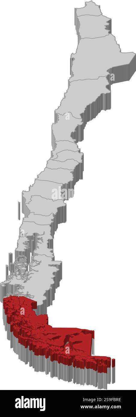 Mappa del Cile come pezzo grigio, Magellano e Antartide cilena sono evidenziati in rosso. Illustrazione Vettoriale