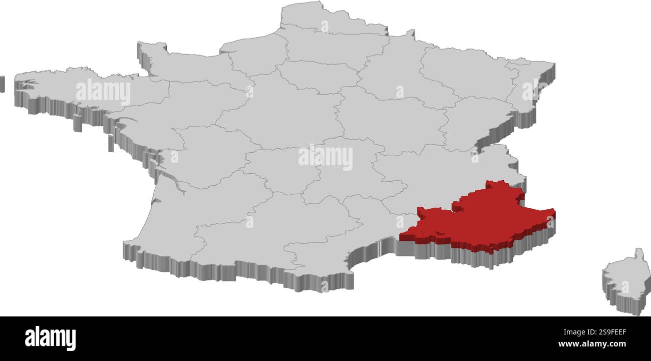 Mappa della Francia come pezzo grigio. Provence-Alpes-Côte d'Azur è evidenziata in rosso. Illustrazione Vettoriale
