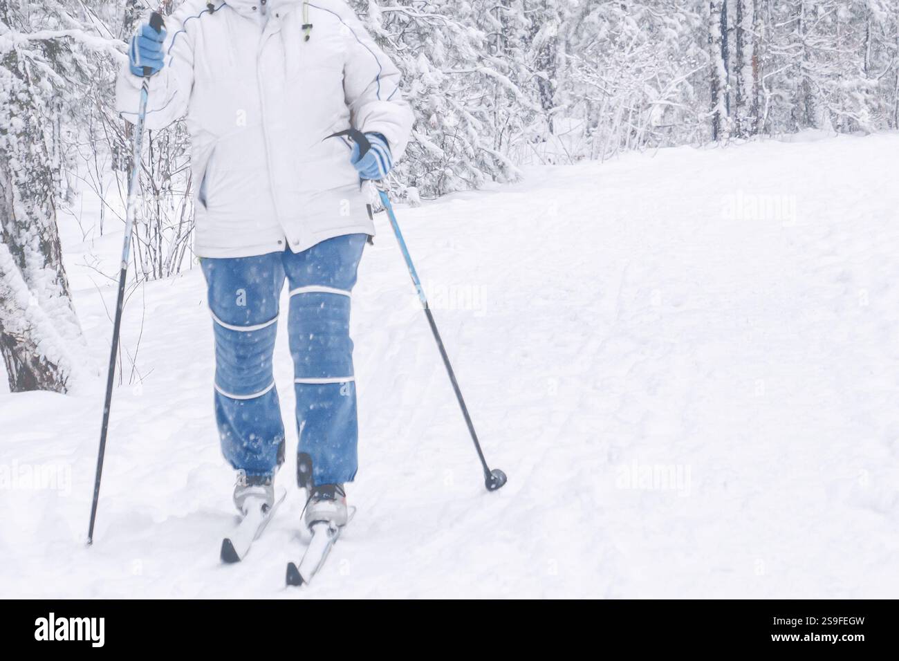 Uno sciatore gode con gioia del bellissimo paesaggio innevato, perfetto per gli sport invernali e per i paesaggi naturali Foto Stock