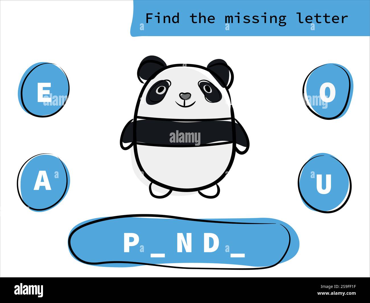 Trova la lettera mancante con il panda dei cartoni animati. Gioco educativo per bambini. Foglio di lavoro di ortografia in lingua inglese per bambini in età prescolare Illustrazione Vettoriale