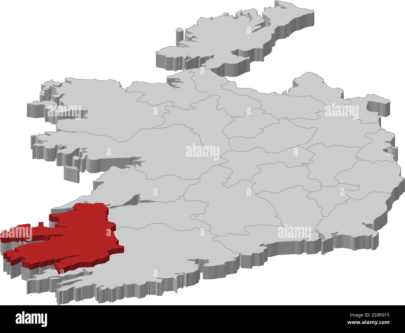 Mappa dell'Irlanda come un pezzo grigio, Kerry è evidenziato in rosso. Illustrazione Vettoriale