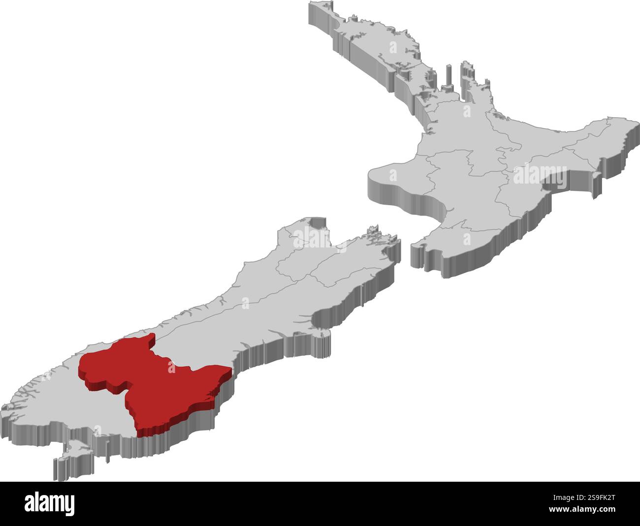 Mappa della nuova Zelanda come un pezzo grigio, Otago è evidenziato in rosso. Illustrazione Vettoriale