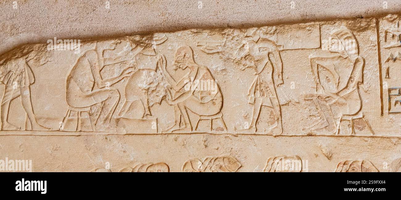 Egitto, Saqqara, tomba di Meryneith, parete nord della corte interna, festeggiamenti per il varo di una barca reale: Artigiani. Foto Stock