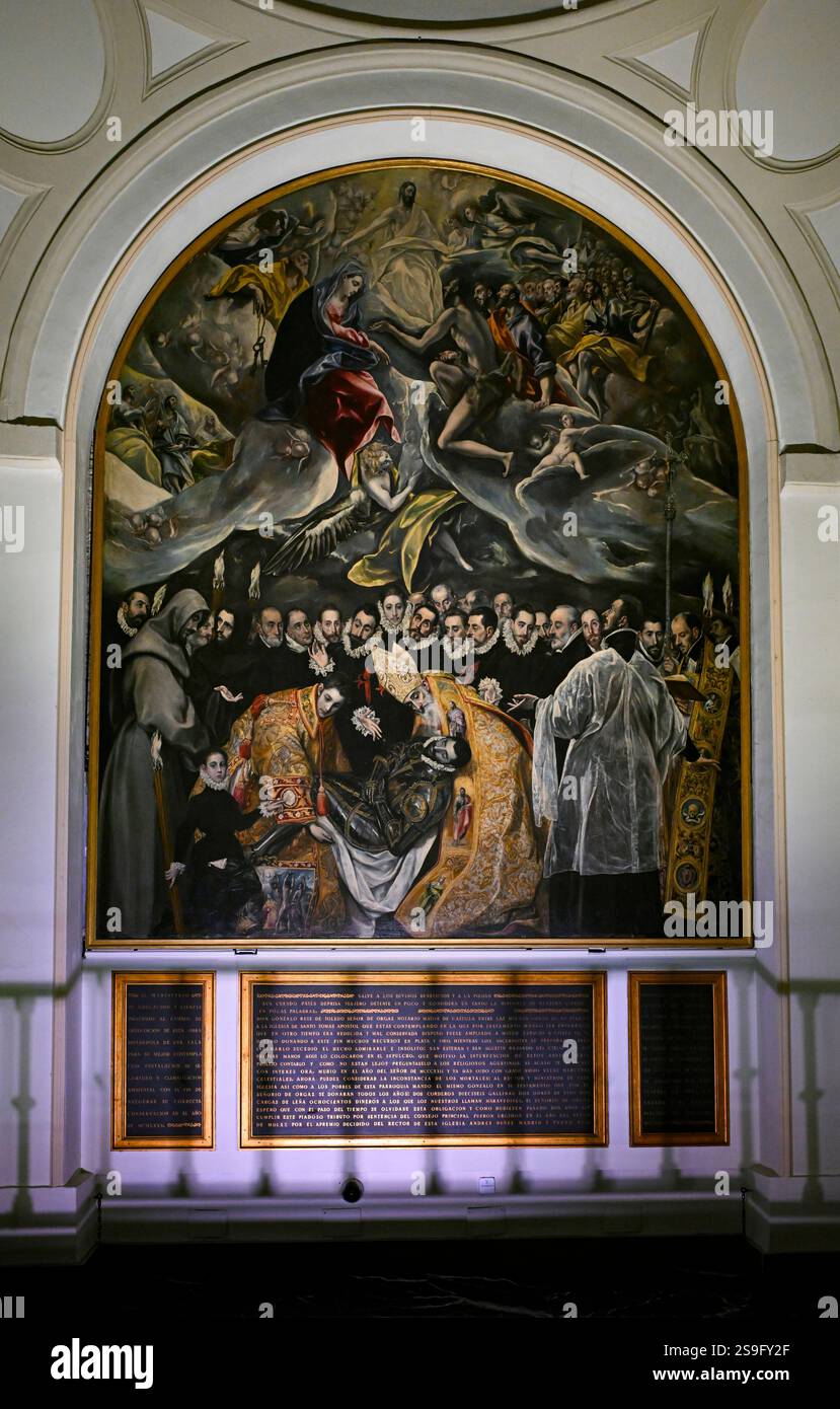 Il capolavoro di El Greco "la sepoltura del conte di Orgaz" che si trova nell'Iglesia de Santo Tomé, Toledo, Spagna Foto Stock
