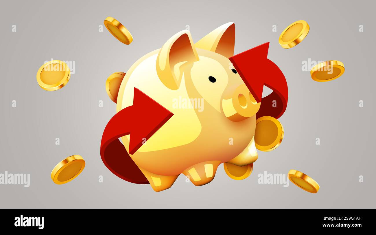 Salvadanaio con monete e frecce d'oro. Concetto di rimborso o profitto. Illustrazione vettoriale Illustrazione Vettoriale