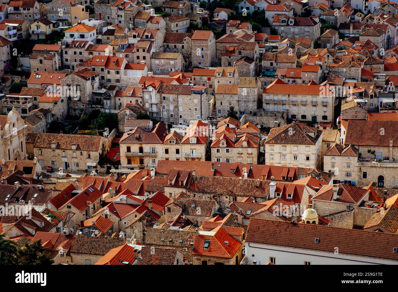 Vista degli edifici e dei tetti rossi della città vecchia di Hvar, Hvar, Croazia, Dalmation Coasteurope Foto Stock