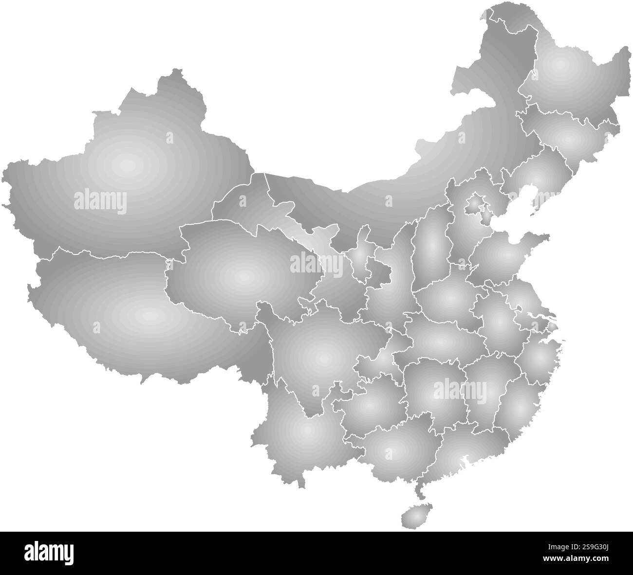 Mappa della Cina con le province, riempite con un gradiente radiale, Macao è evidenziata. Illustrazione Vettoriale