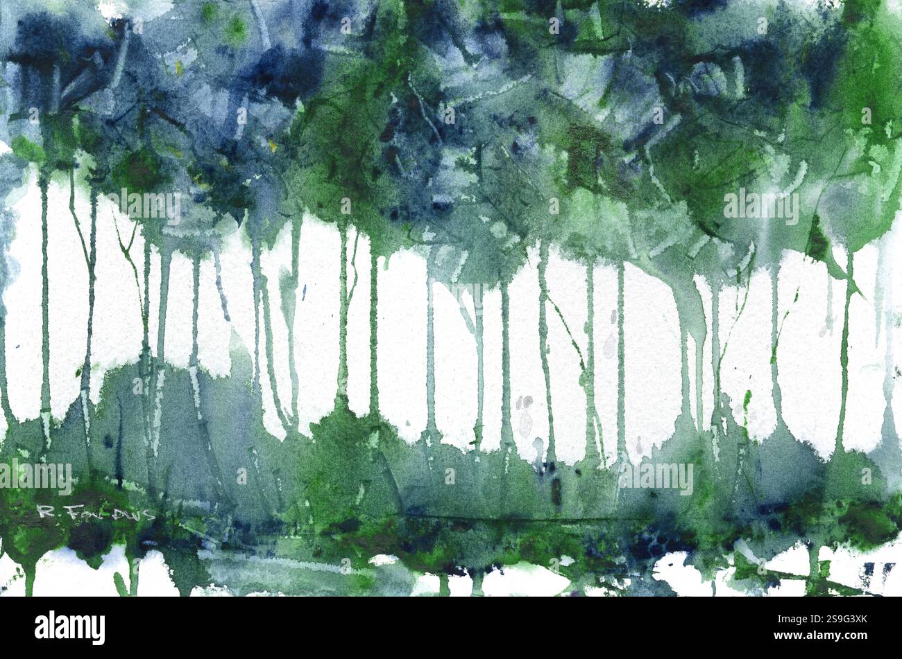 Acquerello astratto che dipinge gli alberi nella foresta opere d'arte orizzontale opere d'arte paesaggio decorazioni colorate con fogliame Foto Stock