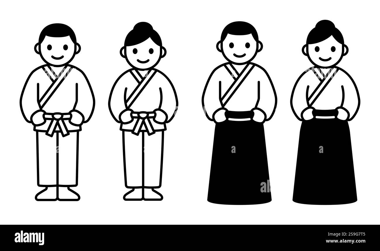 Icona dei personaggi Aikido maschile e femminile. Divisa bianca kimono (gi) e pantaloni hakama. Semplice icona di linea uomo e donna, illustrazione vettoriale in bianco e nero Illustrazione Vettoriale