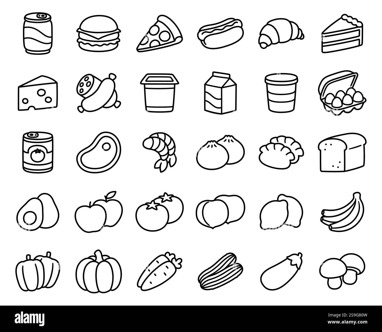 Icone di cibo disegnate a mano in stile doodle: Carne e latticini, frutta e verdura, fast food. Set di illustrazioni disegnate a mano. Illustrazione Vettoriale