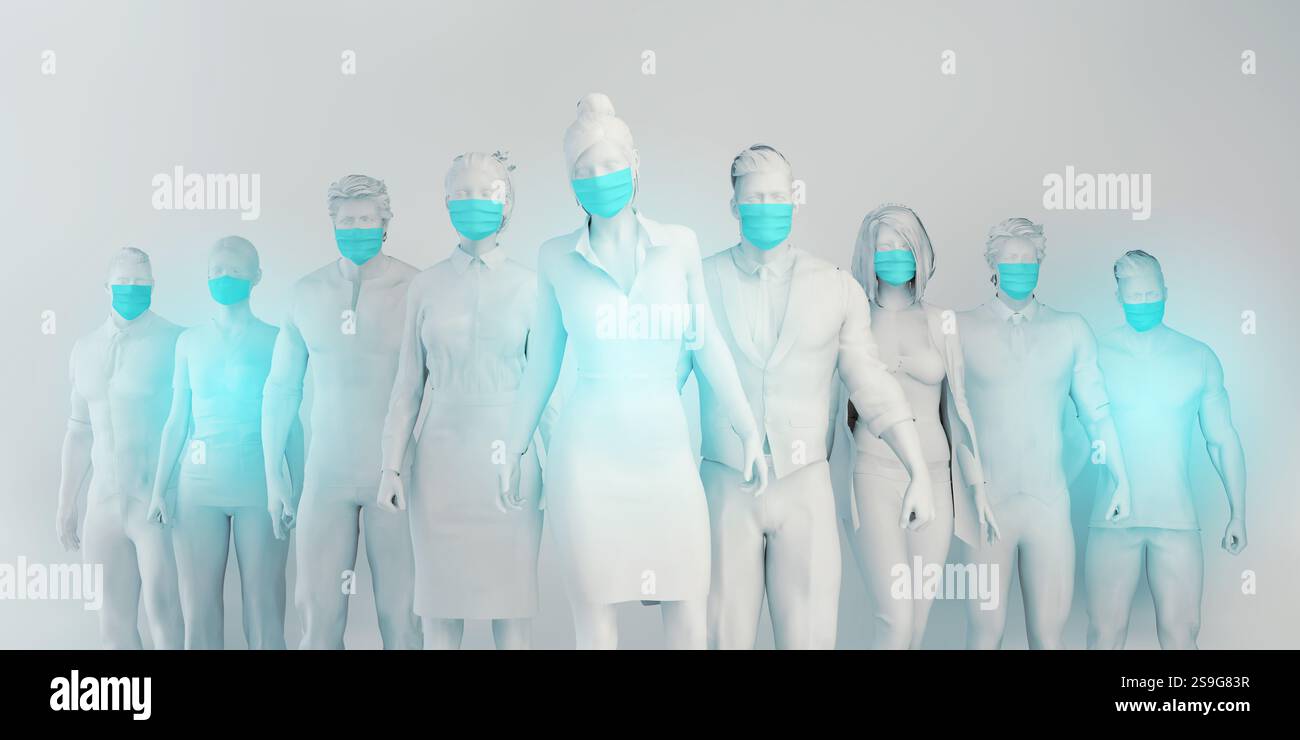 Gruppo di persone che indossano maschere chirurgiche in piedi insieme prevenzione e. Concetto delle procedure di sicurezza Foto Stock